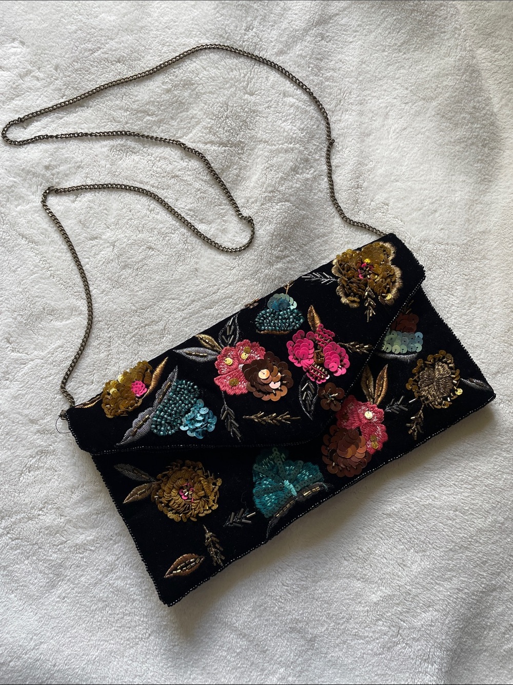 Embroidered Floral Velvet Clutch - Black with Multicolor Sequins